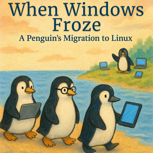 A row of penguins on a sandy beach carry their digital devices as the sunsets on Windows.