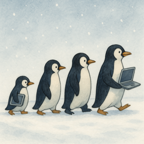 Penguins waddling in single file, carrying devices (laptops, desktops, tablets) under a soft snow sky.