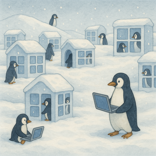 A cosy, icy world filled with digital homes—square and glassy like Windows logos.
