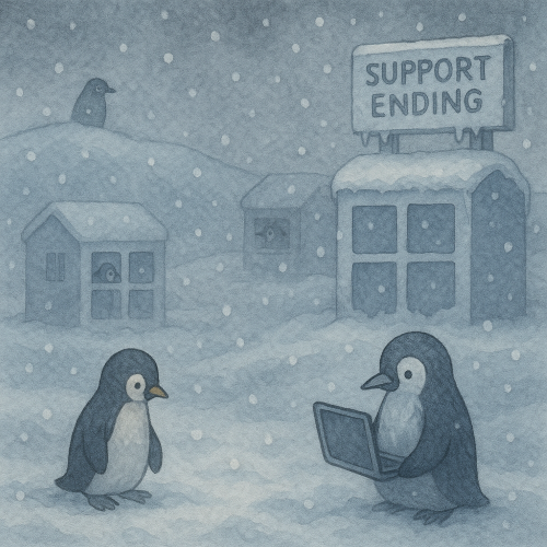 A cosy, snowy world filled with digital homes—square and glassy like Windows logos.