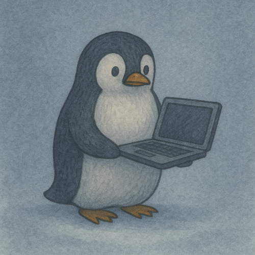 Pebble (our protagonist penguin) holding an old laptop, looking uncertain but curious.