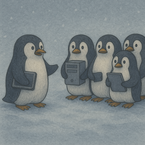Pebble talks to a nervous group of penguins with different devices. One clutches a Surface tablet.