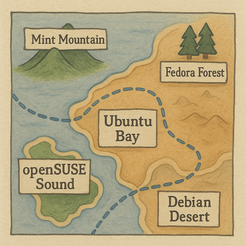 A stylised migration map with different Linux flavours marked like regions: Mint Mountain, Ubuntu Bay, Fedora Forest, etc.